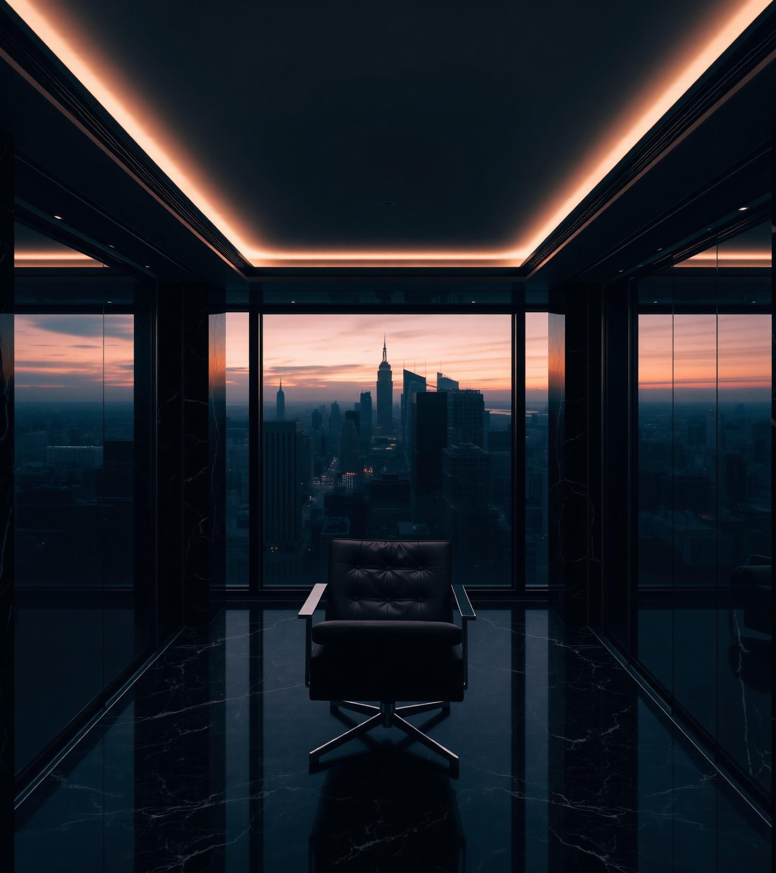 Private advisory office overlooking a city at dusk